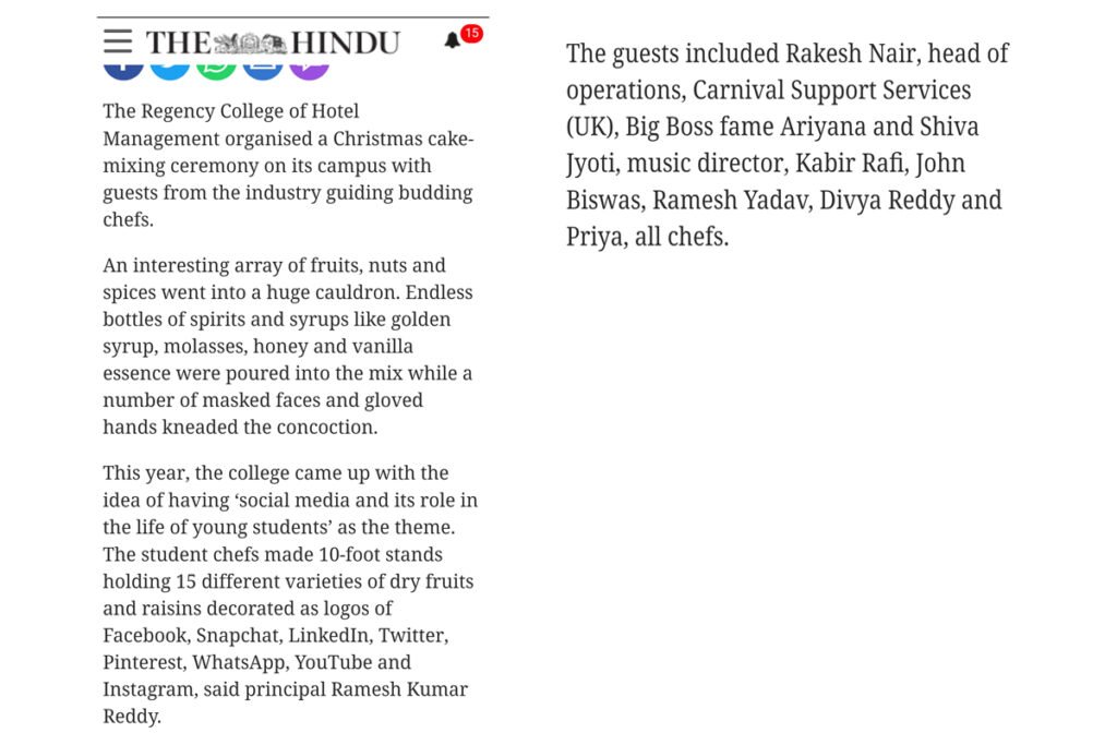 hindu press note of cake mixiong at regency college